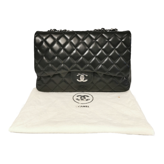 Chanel Classic Single Flap Jumbo Black Lambskin Silver