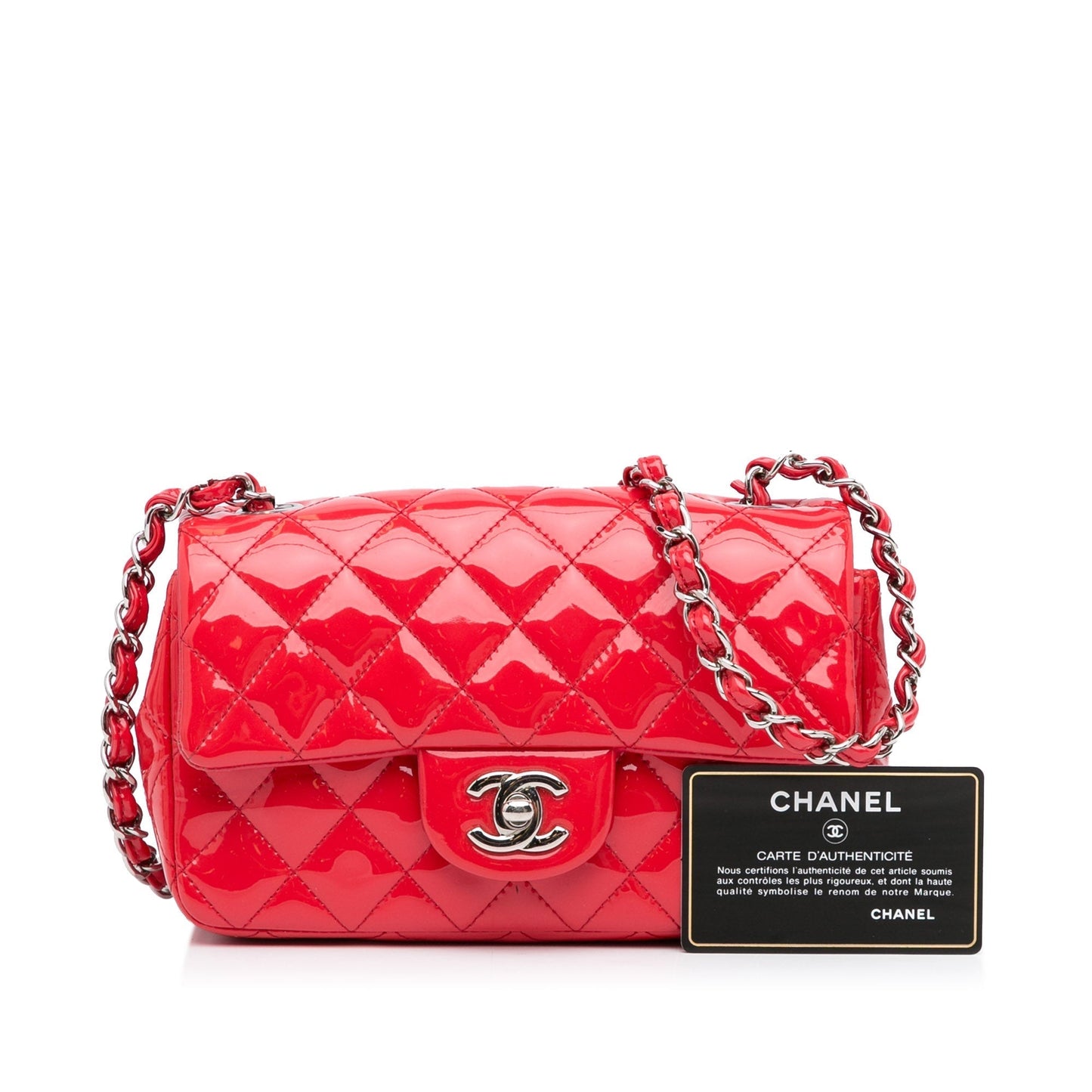 Chanel Classic Single Flap Mini Red Patent Leather Silver