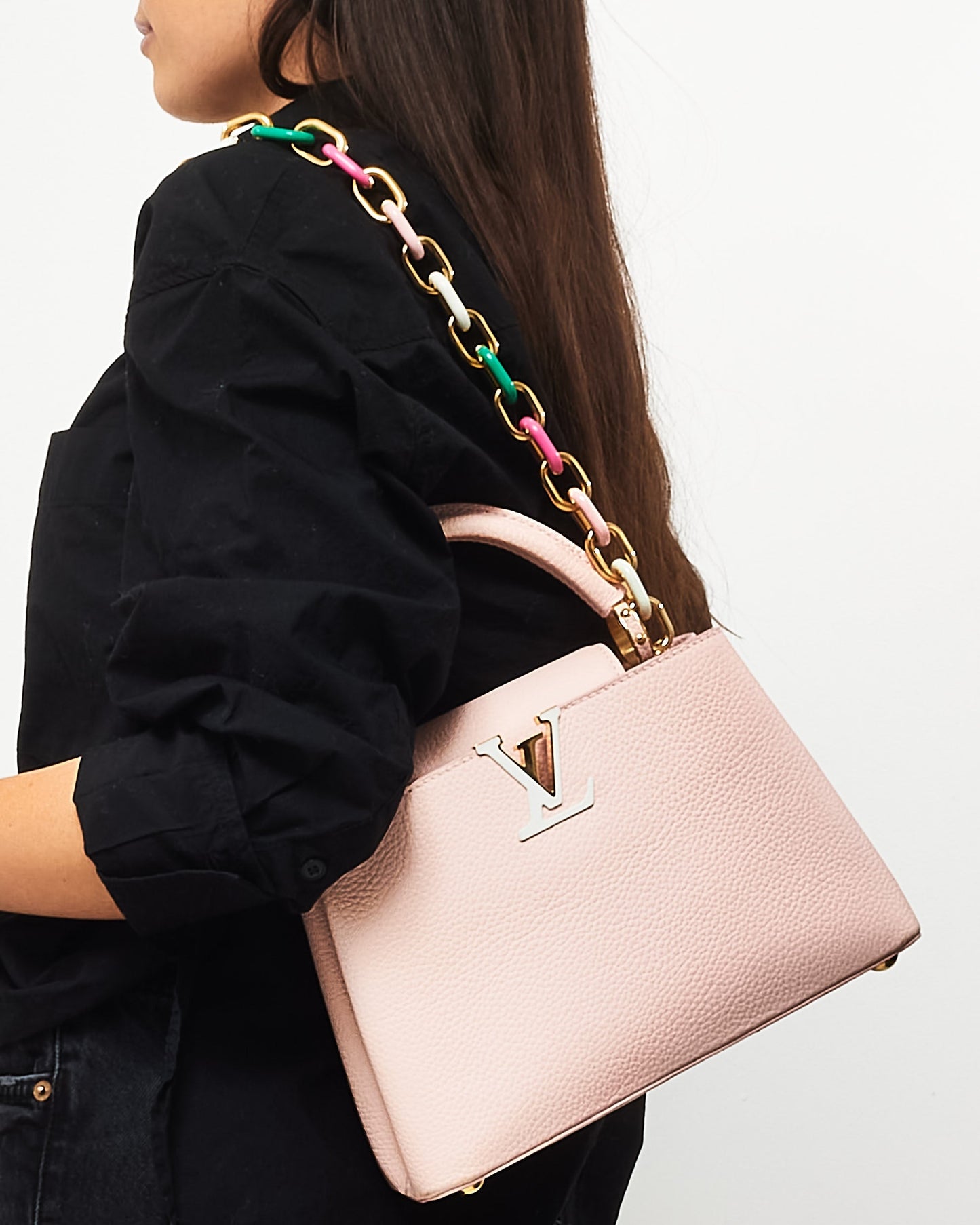 Louis Vuitton Light Pink Grained Leather Capucines BB Bag