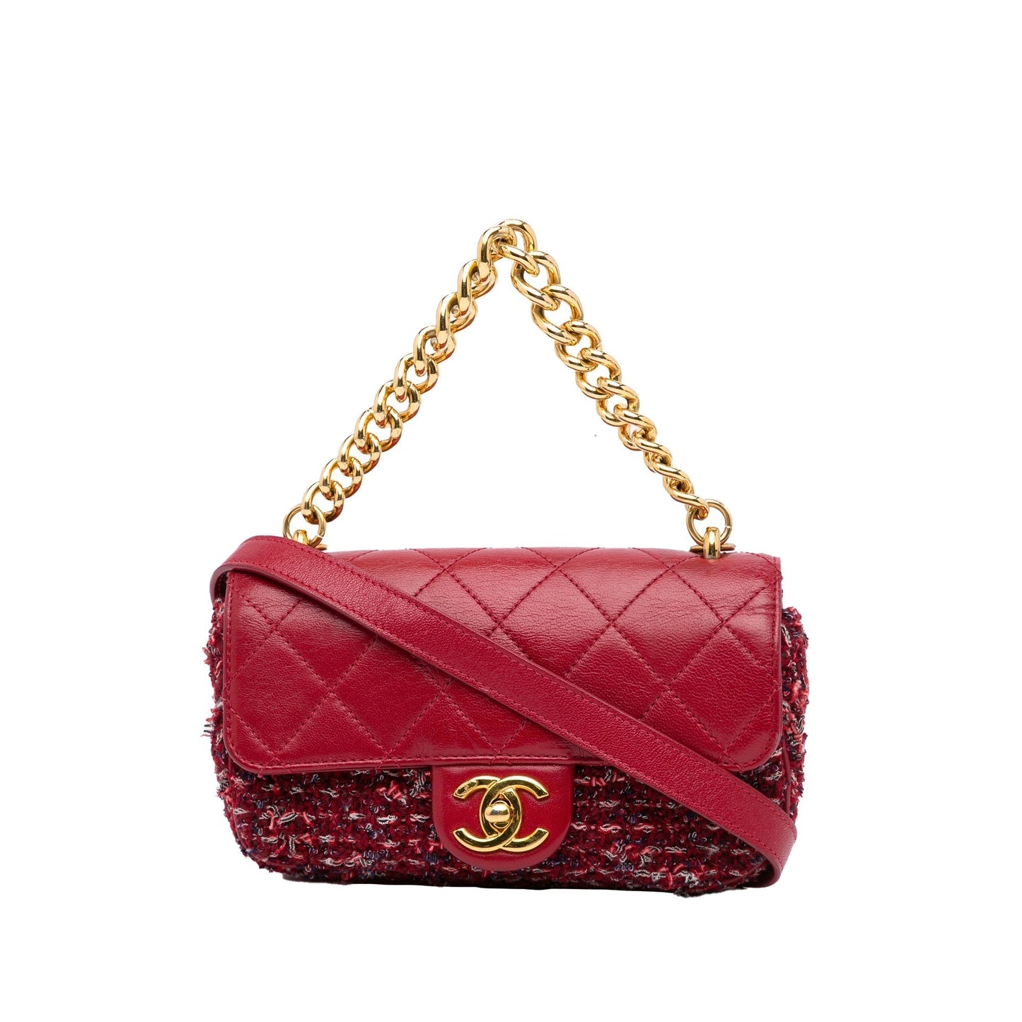 Chanel Classic Single Flap Red Tweed Lambskin Gold