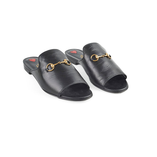 Gucci Black Leather Horsebit Malaga Kid Flat Slides