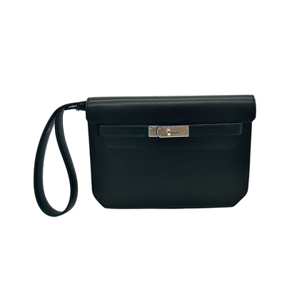 Hermes Kelly Depeches 25 Noir Veau Evergrain Clutch Palladium Hardware