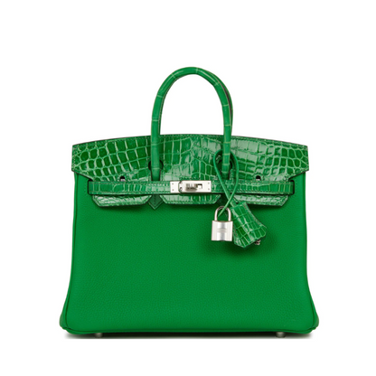 Hermes Birkin 25 Shiny Crocodile and Togo Vert Bambou Palladium Hardware