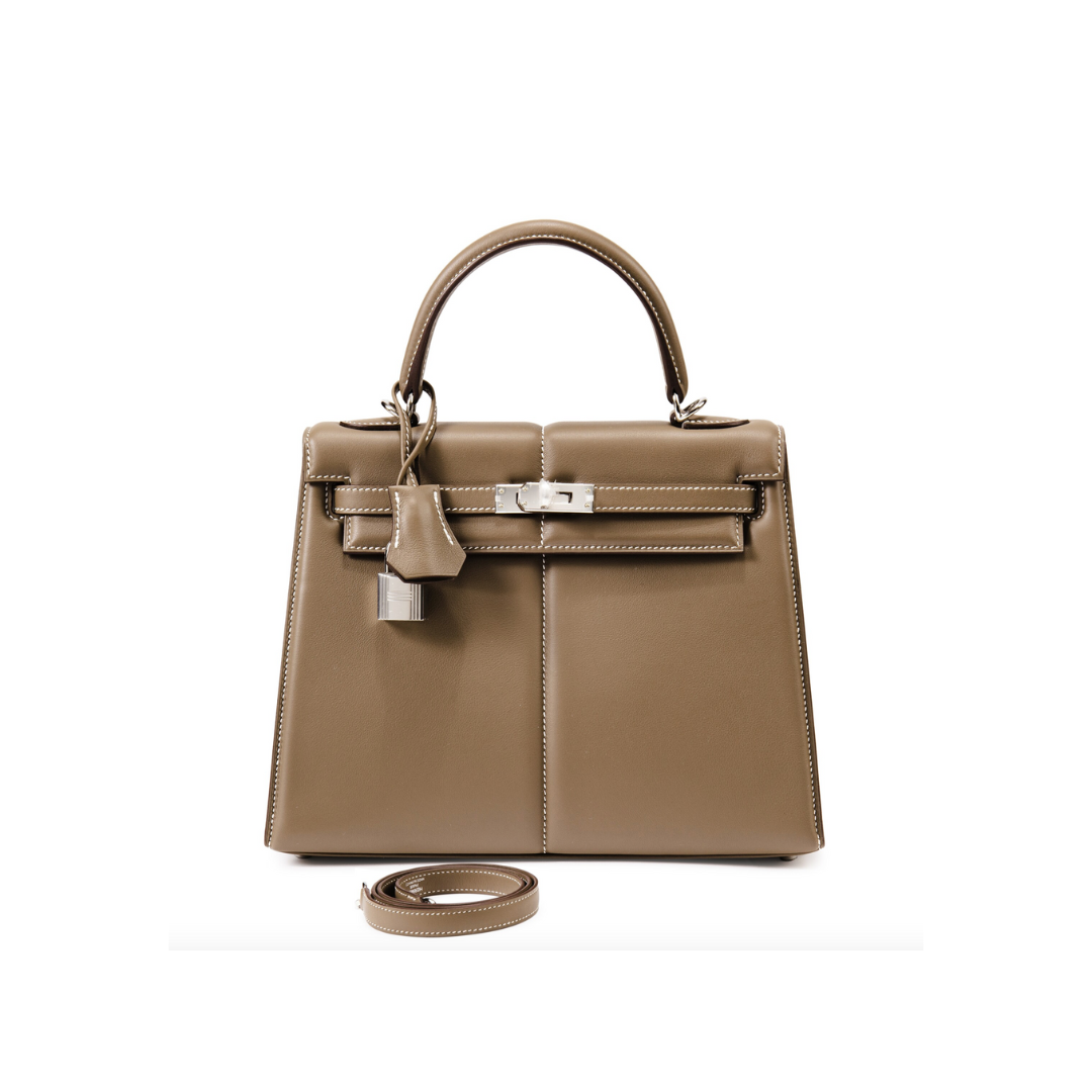 Hermes Kelly 25 Etoupe Swift Padded Palladium Hardware