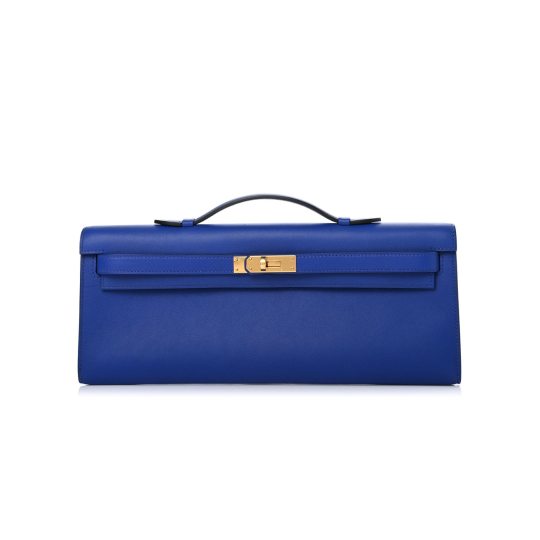 Hermes Kelly Cut Clutch Swift Calfskin Bleu France Gold Hardware