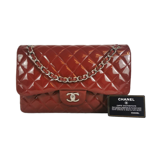 Chanel Classic Double Flap Jumbo Red Patent Leather Silver