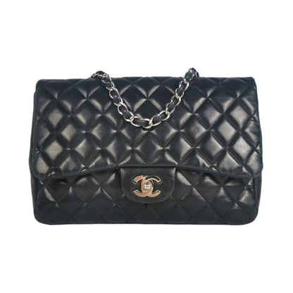 Chanel Classic Single Flap Jumbo Black Lambskin Silver