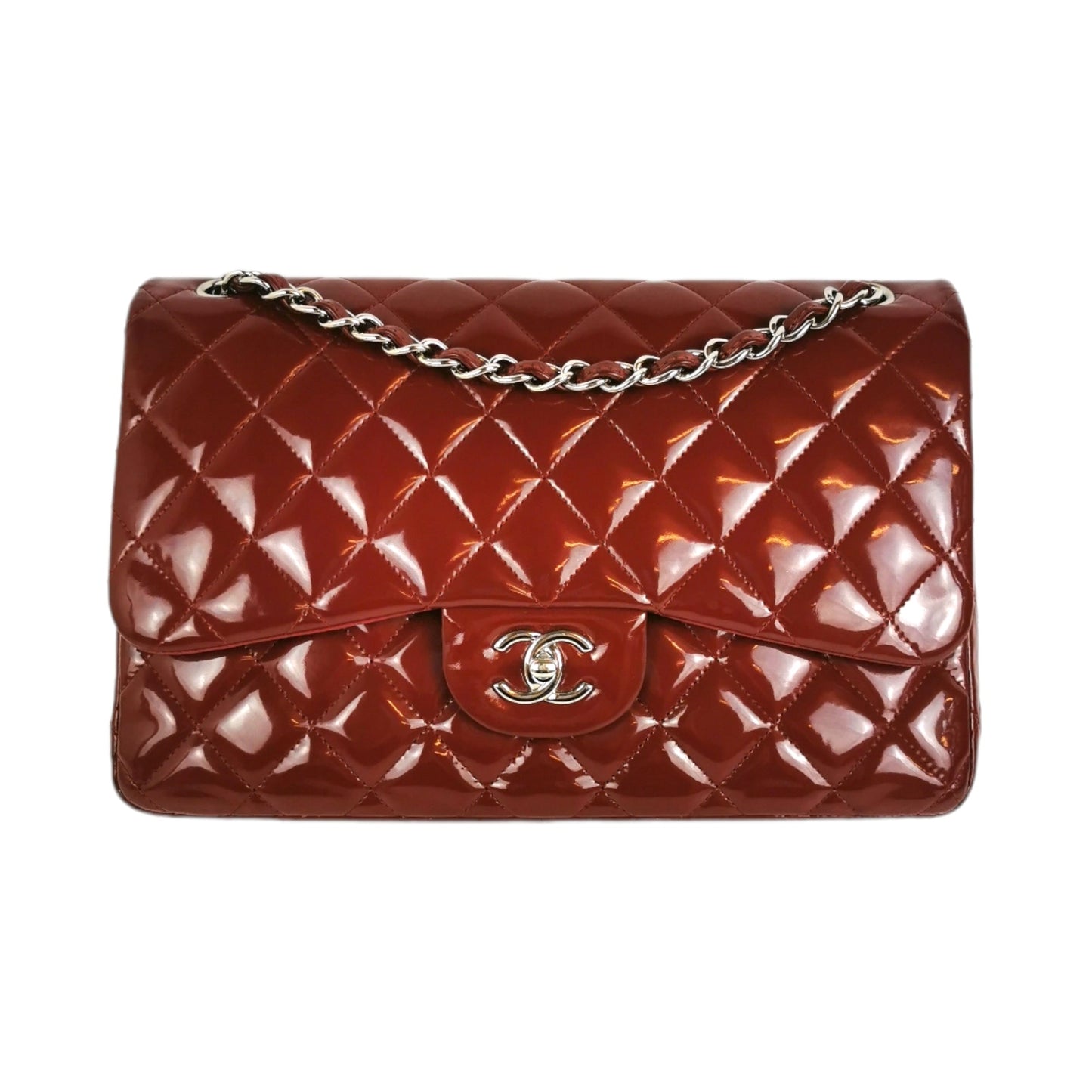 Chanel Classic Double Flap Jumbo Red Patent Leather Silver