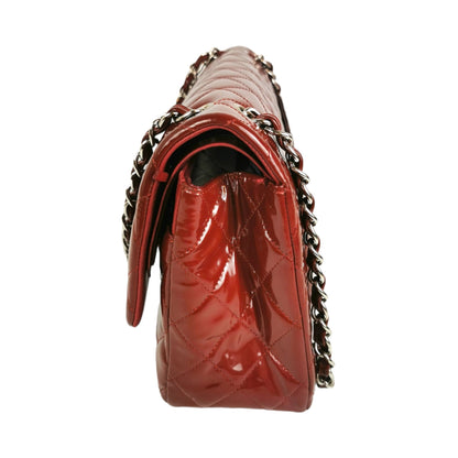 Chanel Classic Double Flap Jumbo Red Patent Leather Silver