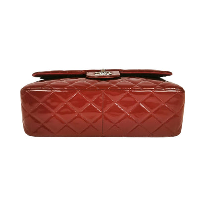 Chanel Classic Double Flap Jumbo Red Patent Leather Silver