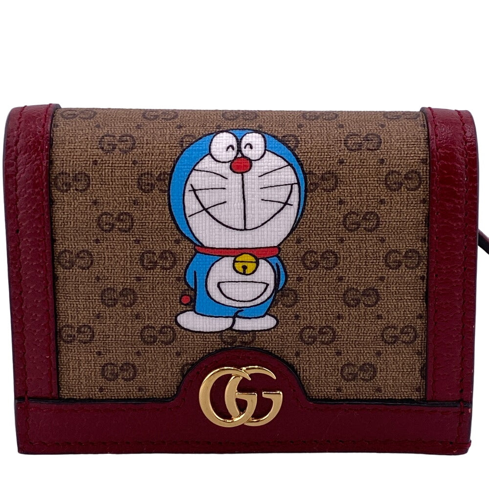 GUCCI Bifold Wallet 647788 Leather, PVC Brown Compact wallet Mini GG Supreme Doraemon Women Used