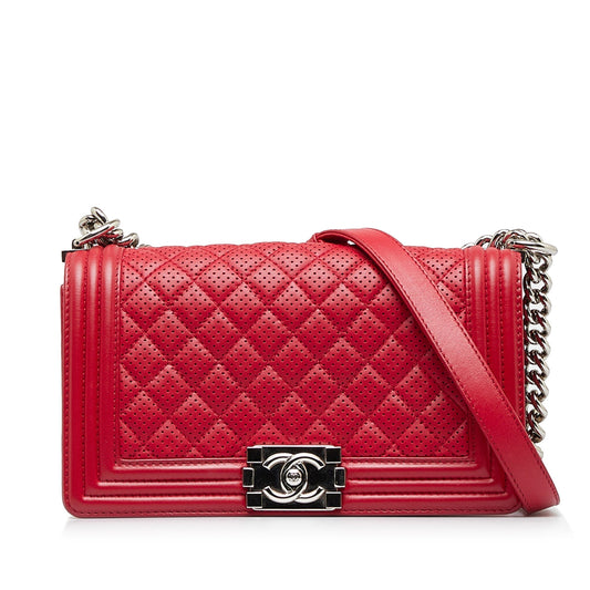 Chanel Boy Flap Bag Medium Red Perforated Lambskin Silver