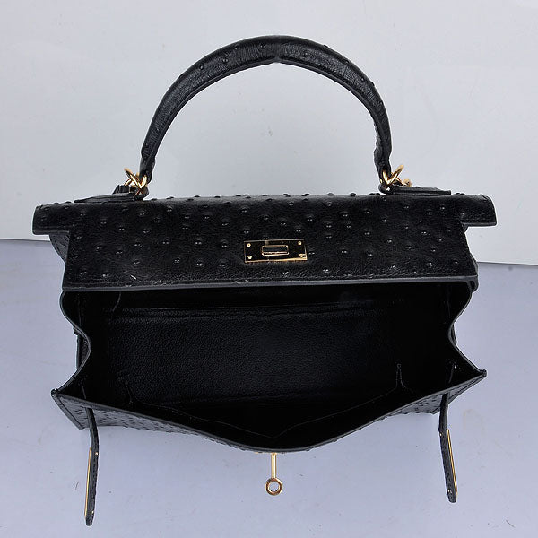 Hermes Kelly 32cm Ostrich Vein 6108 Black Golden