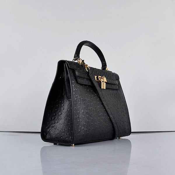 Hermes Kelly 32cm Ostrich Vein 6108 Black Golden