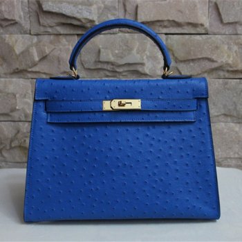 Hermes Kelly 32cm Ostrich Vein HandBag Blue Golden