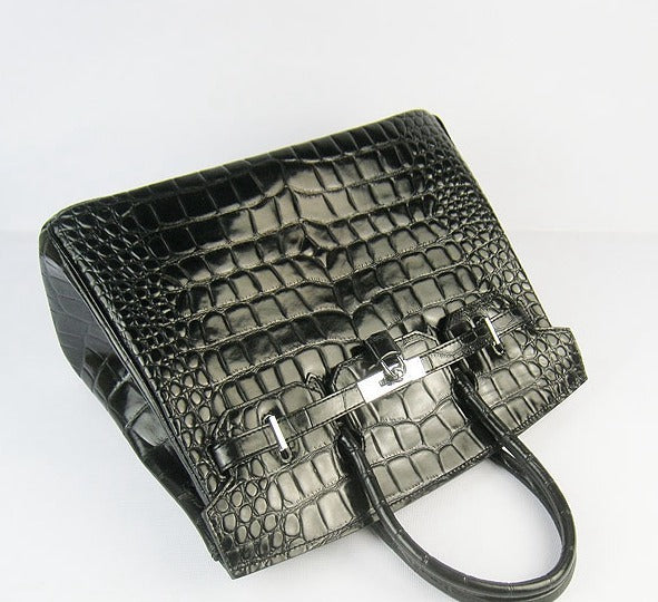 Hermes Birkin 35cm Crocodile Big Veins Handbags Black Silver