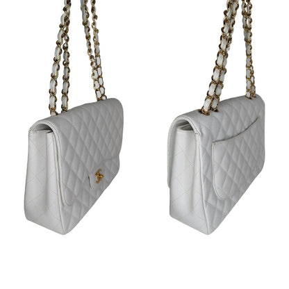 Chanel Vintage Classic Quilted Caviar Single White Jumbo Flap