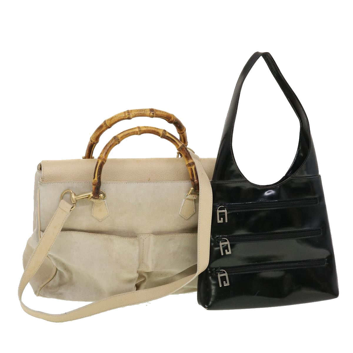 GUCCI Bamboo Shoulder Bag Suede Patent leather 2Set Black White Auth bs5308