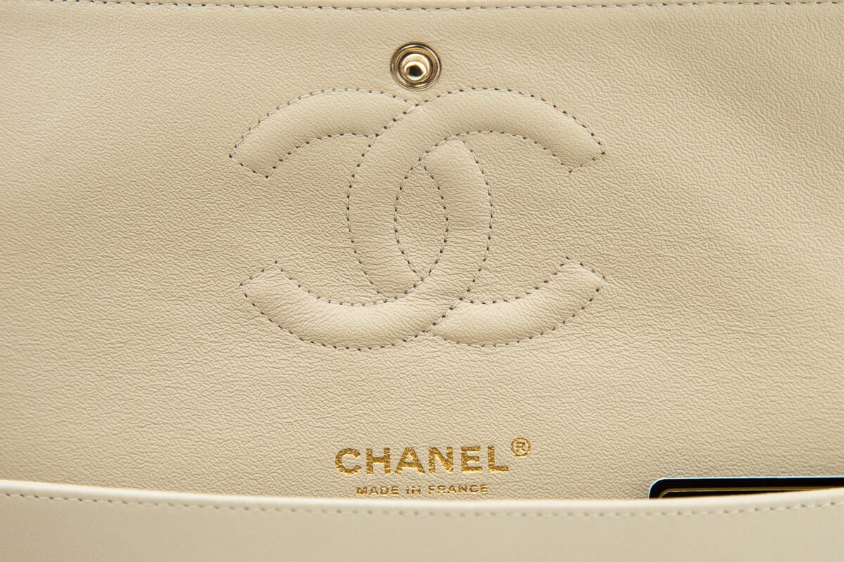 Chanel Beige & Black Classic Double Flap Quilted Striped Canvas Med Cross-Body