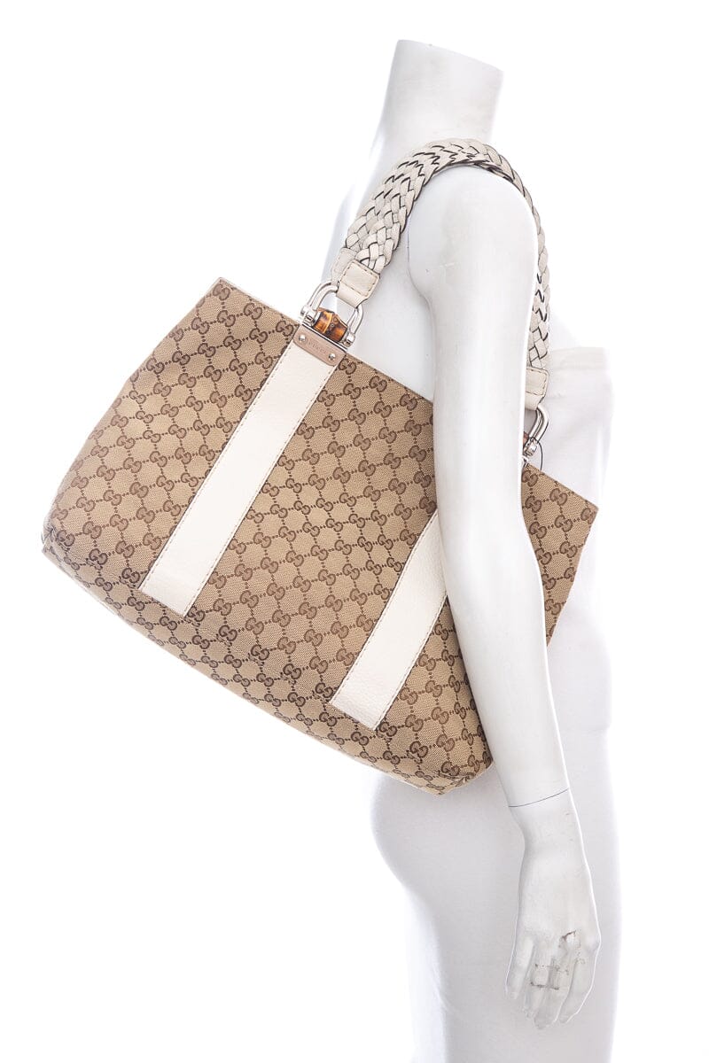 Gucci Brown & White Canvas Supreme Braided Handle Tote