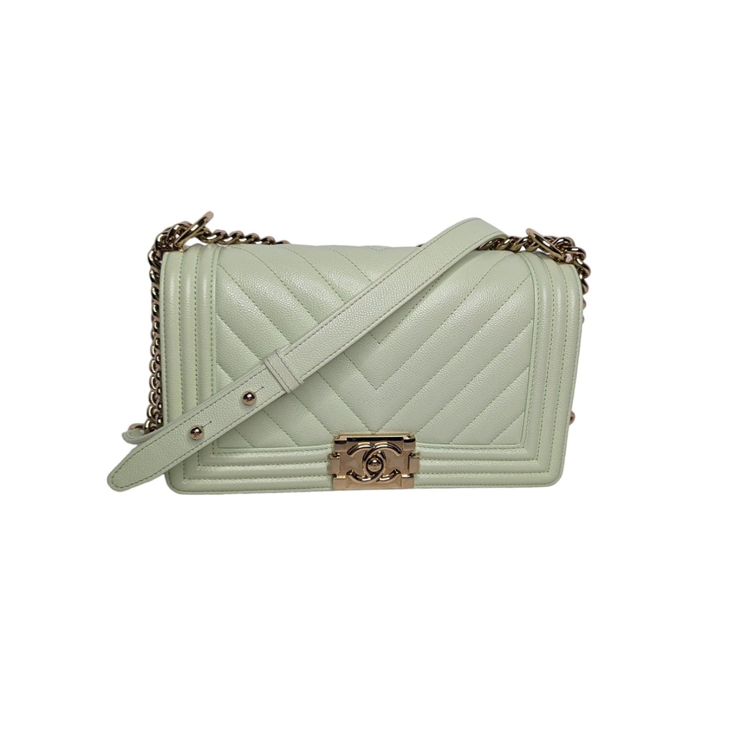 Chanel Caviar Chevron Quilted Medium Boy Flap Light Green