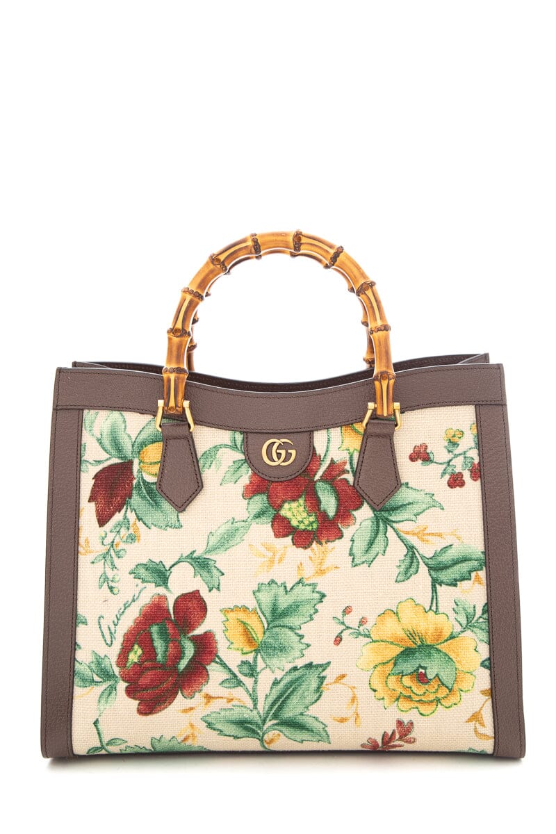 Gucci Brown &  Multi Floral Diana Bamboo HandBag