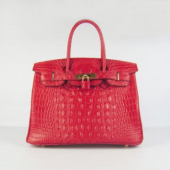 Hermes Birkin 30cm Crocodile Head Vein Handbags Red Golden