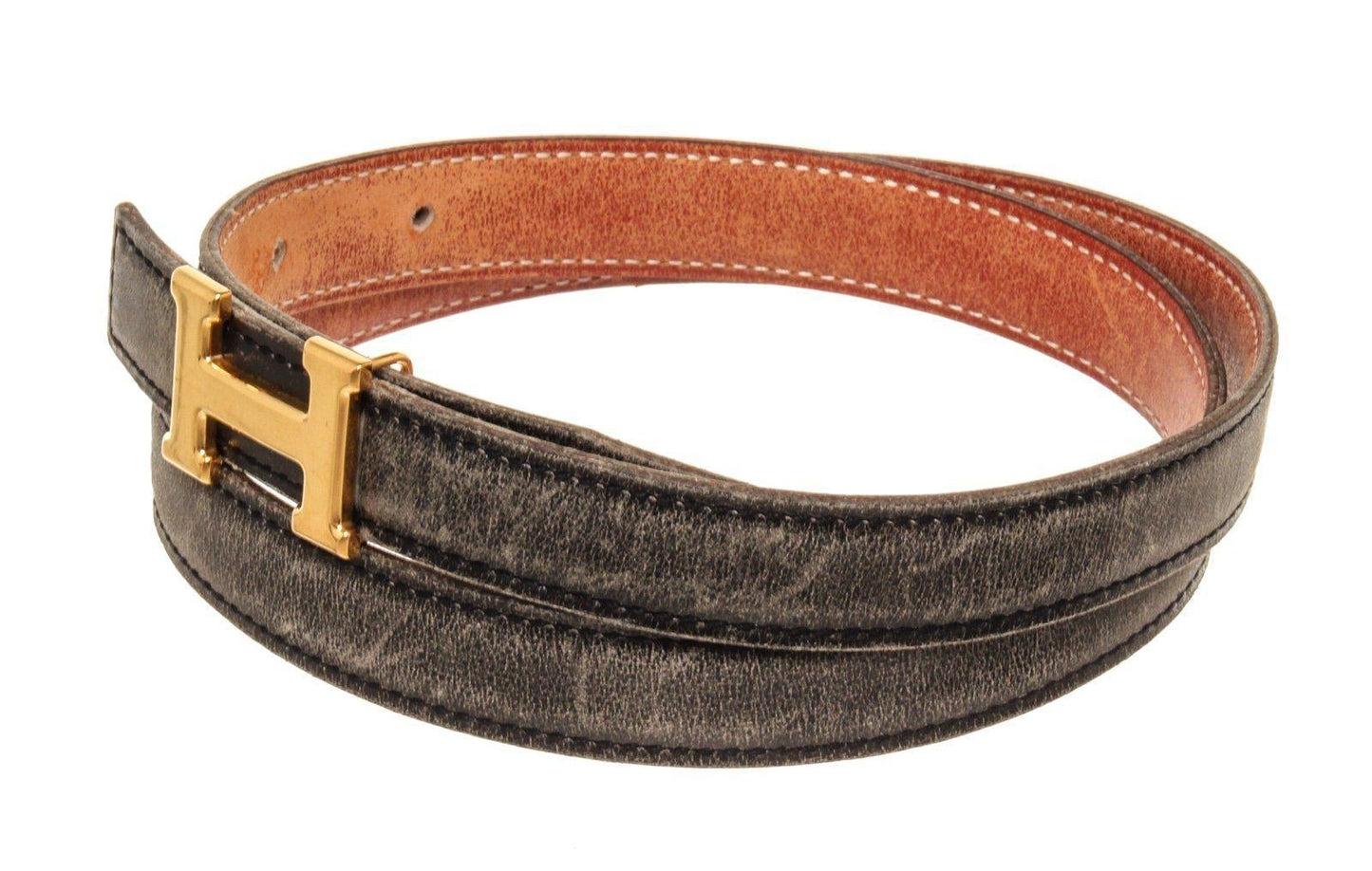 Hermes Black Brown Vintage Skinny Leather H Belt