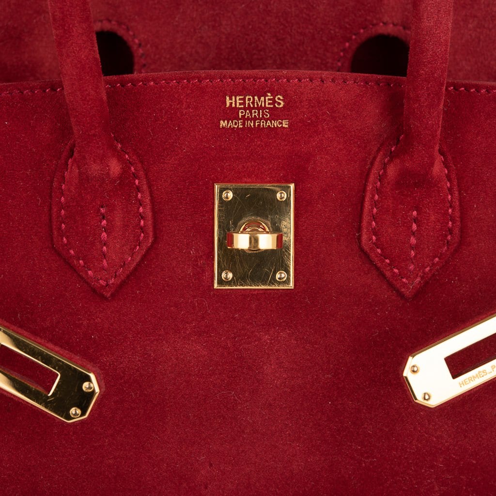 Hermes Birkin 25 Doblis Bag Rouge Vif Suede Gold Hardware