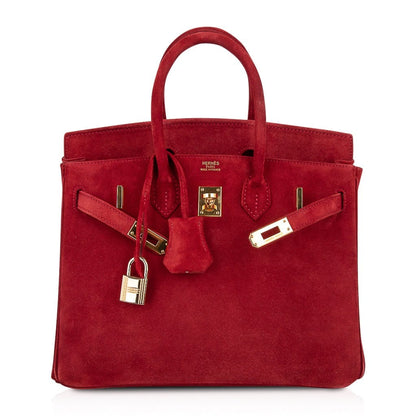 Hermes Birkin 25 Doblis Bag Rouge Vif Suede Gold Hardware