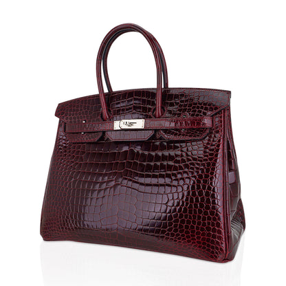 Hermes Birkin 35 Bag Bordeaux Porosus Crocodile with Palladium Hardware