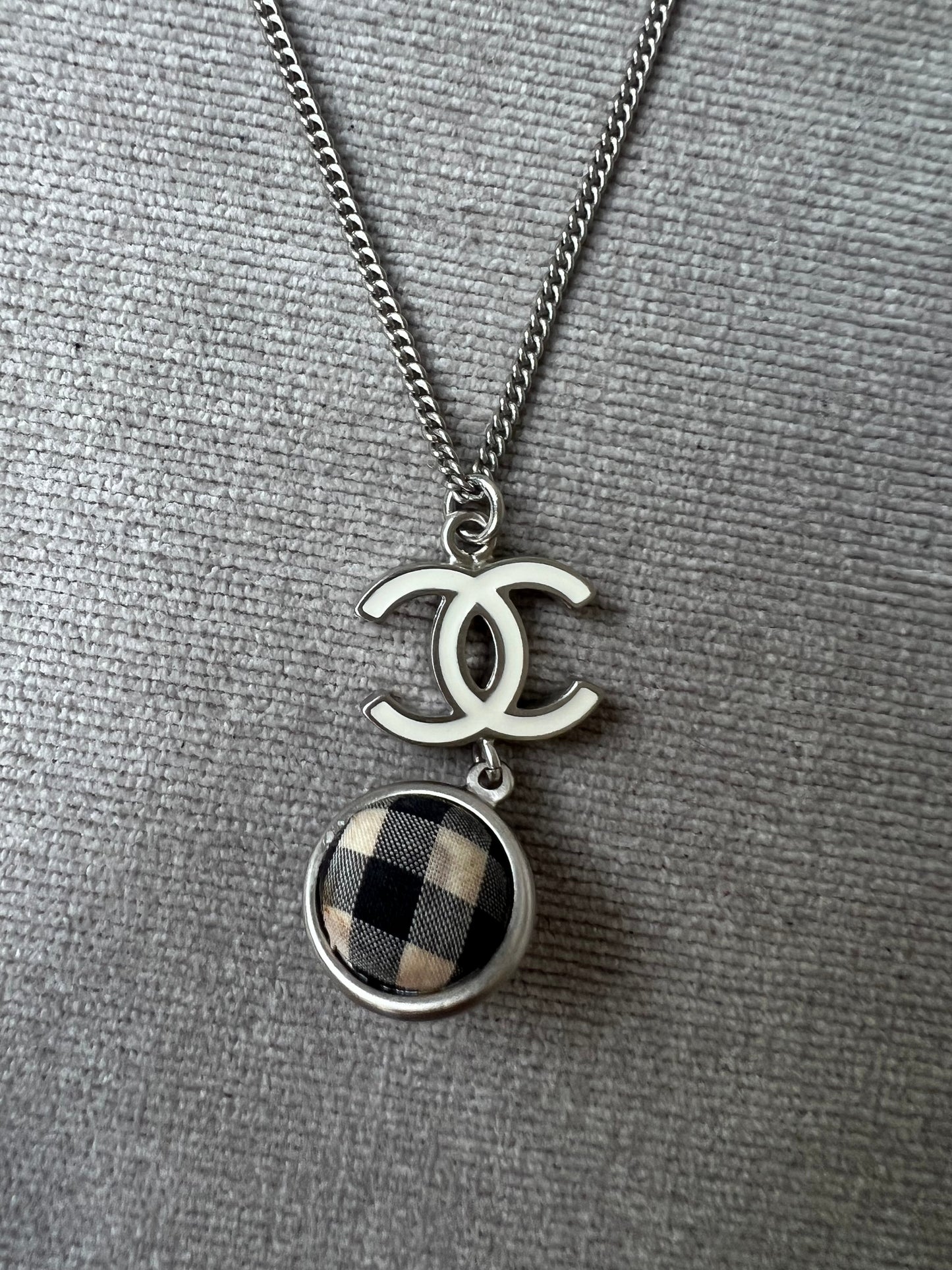 Chanel White Enamel CC Plaid / Check Ball Pendant Necklace