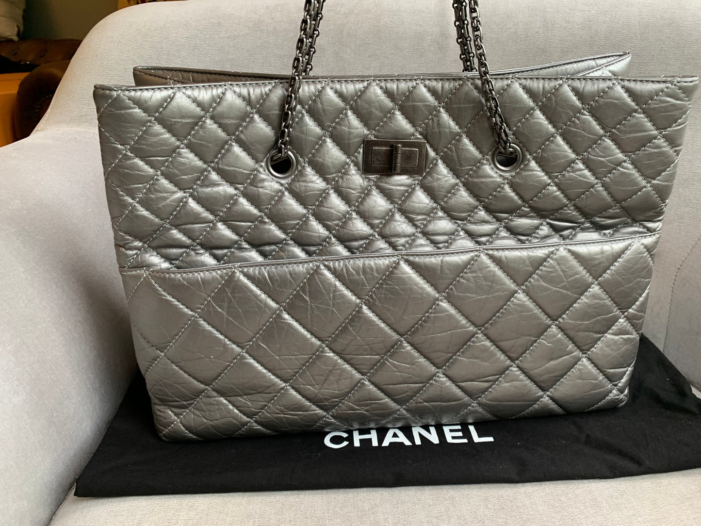 Chanel Large 2.55 Silver Grey Reissue Chain Tote