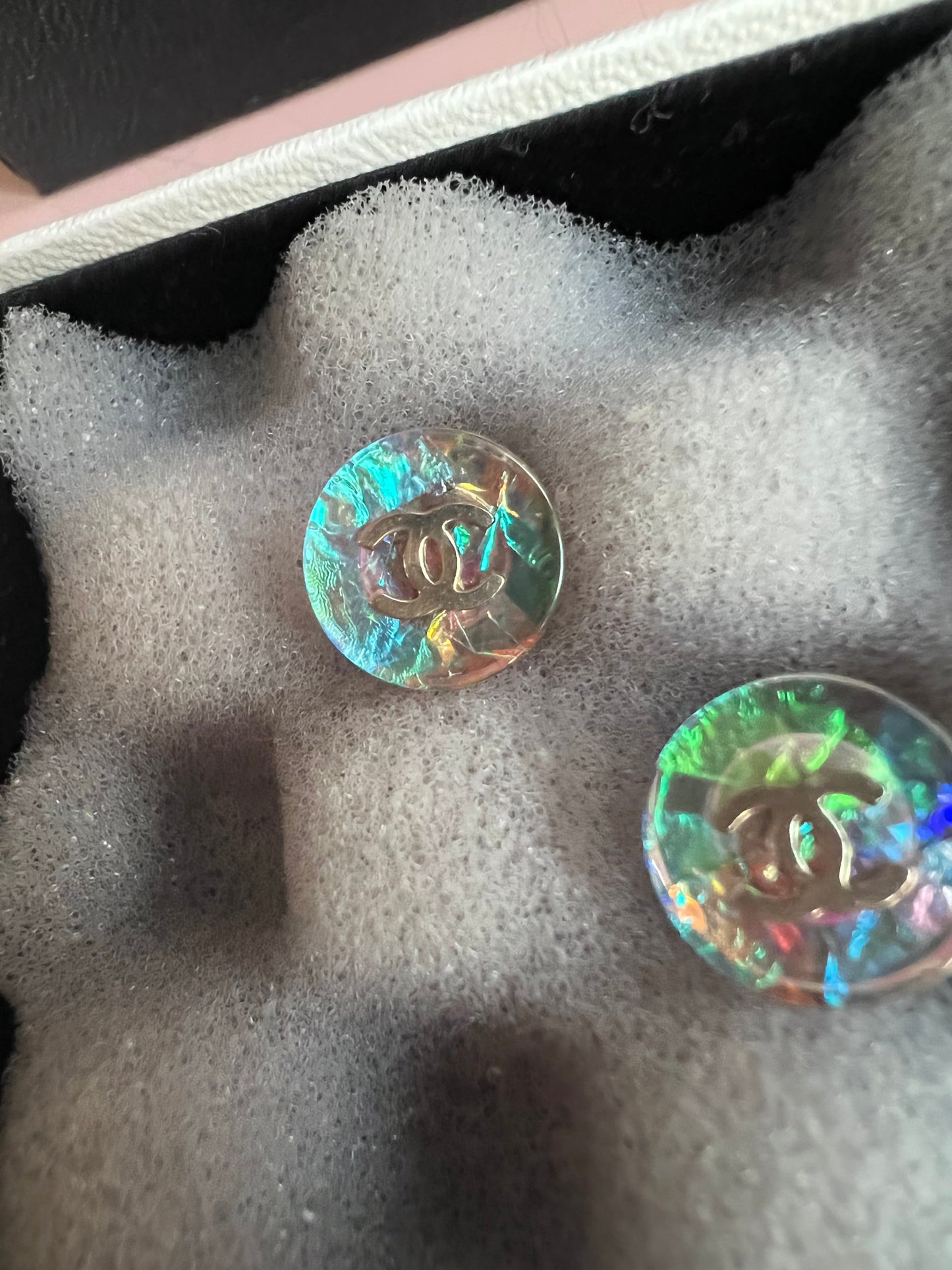 Chanel Pearlescent Resin Stud Earrings with CC Detail