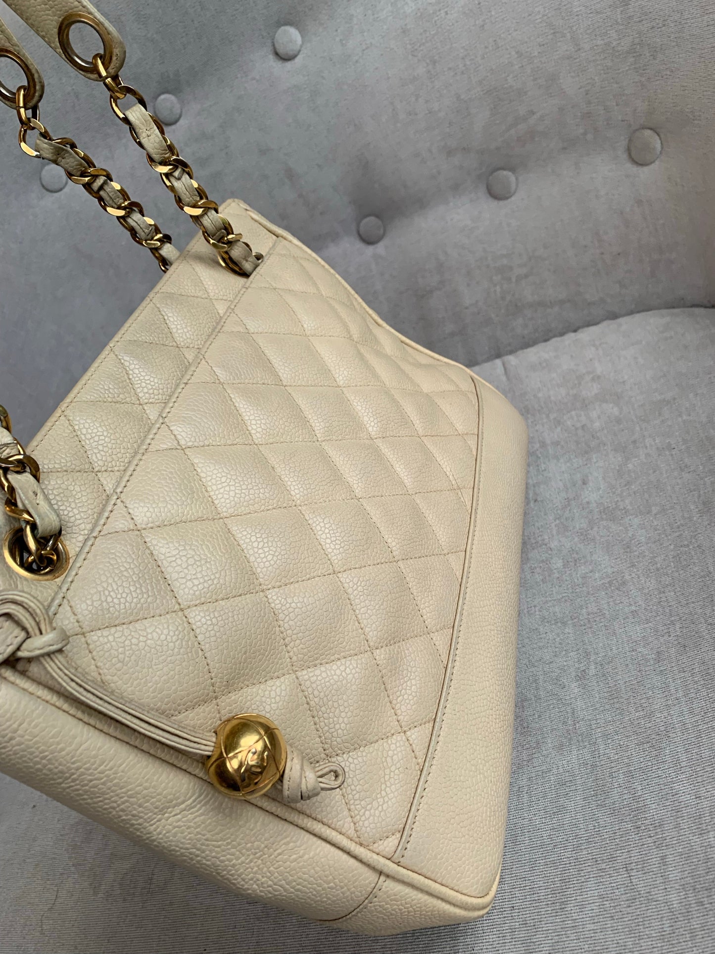 Chanel Vintage Beige Caviar Chain Tote