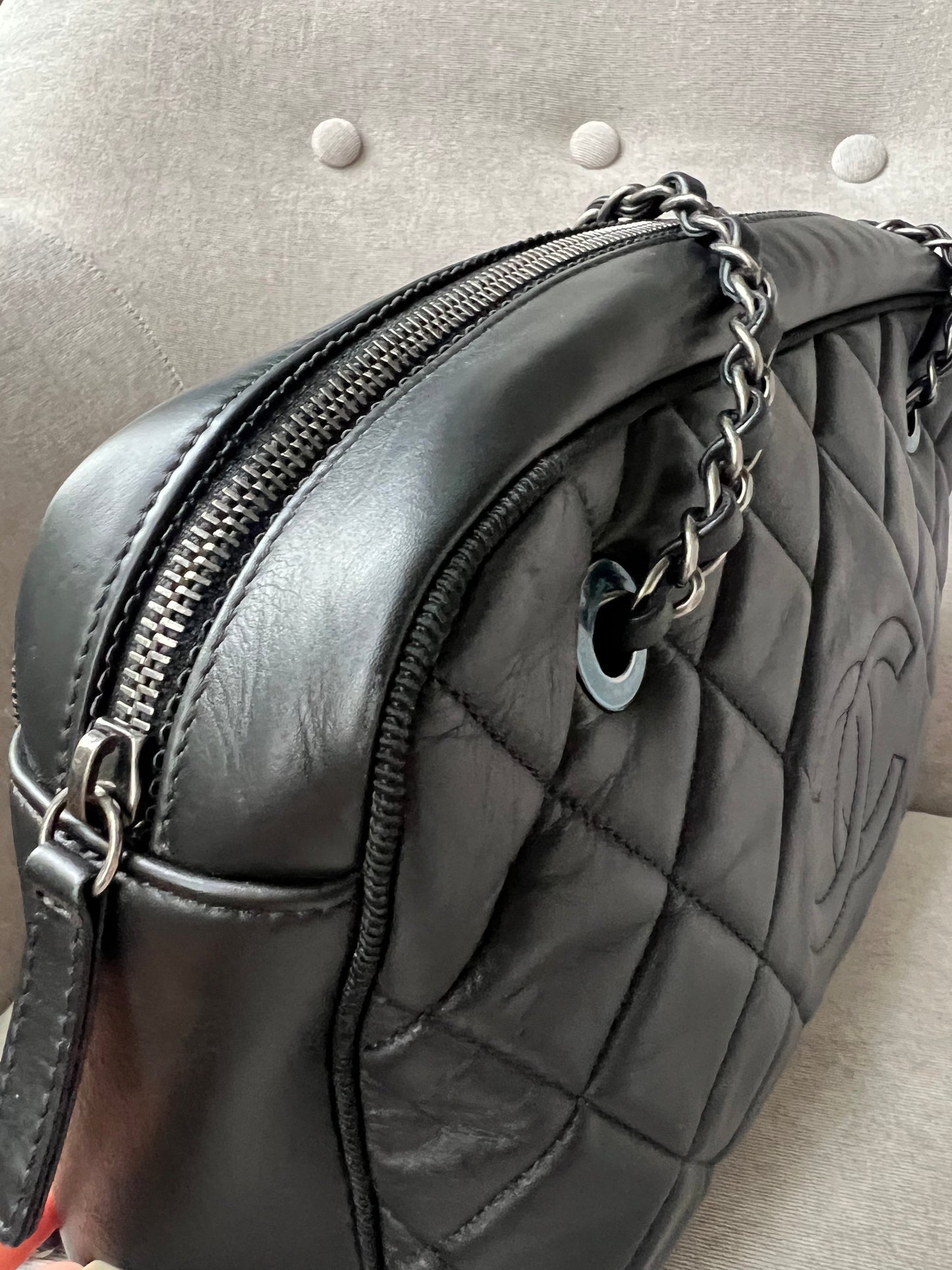 Chanel Diamond CC Ballerine Shoulder Bag in Black Calfskin with Ruthenium Hardware