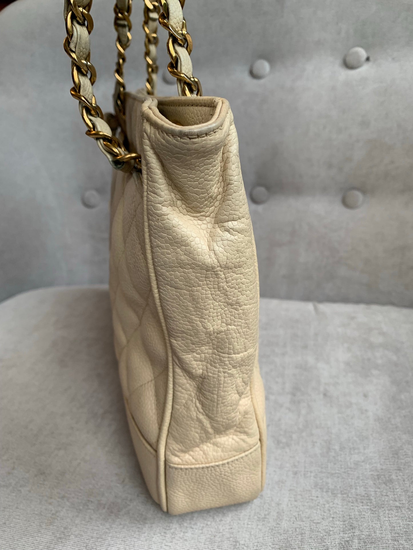 Chanel Vintage Beige Caviar Chain Tote