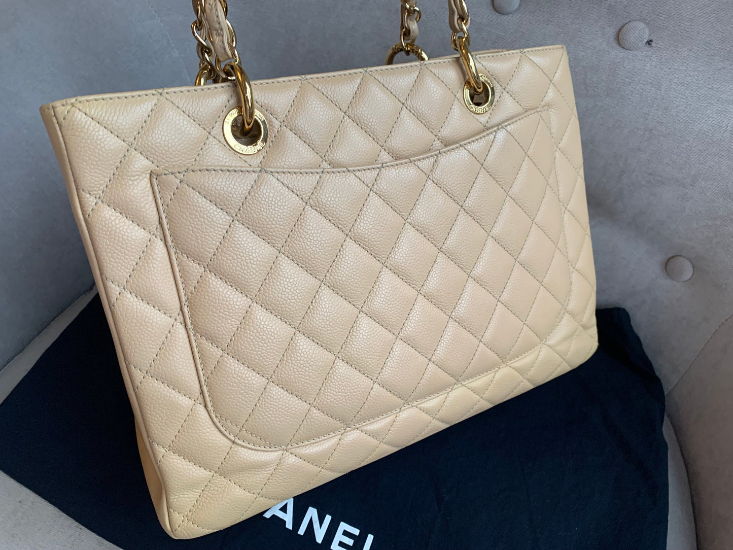 Chanel Beige Caviar Grand Shopper Tote with gold hardware (GST)