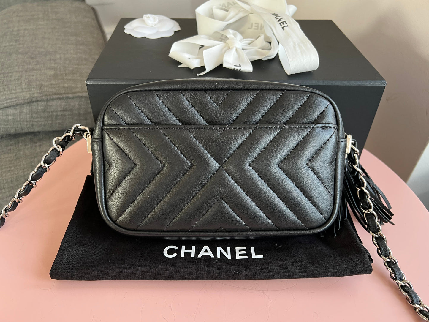 Chanel Black Chevron Camera Bag