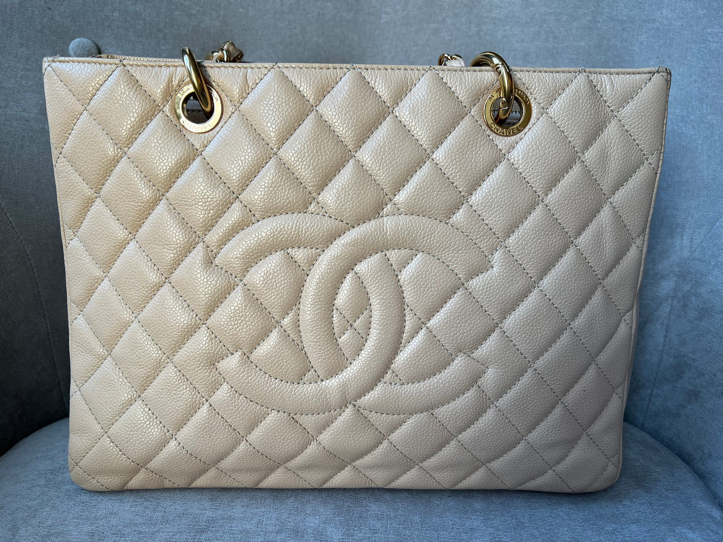 Chanel Beige Caviar Grand Shopper Tote with gold hardware (GST)