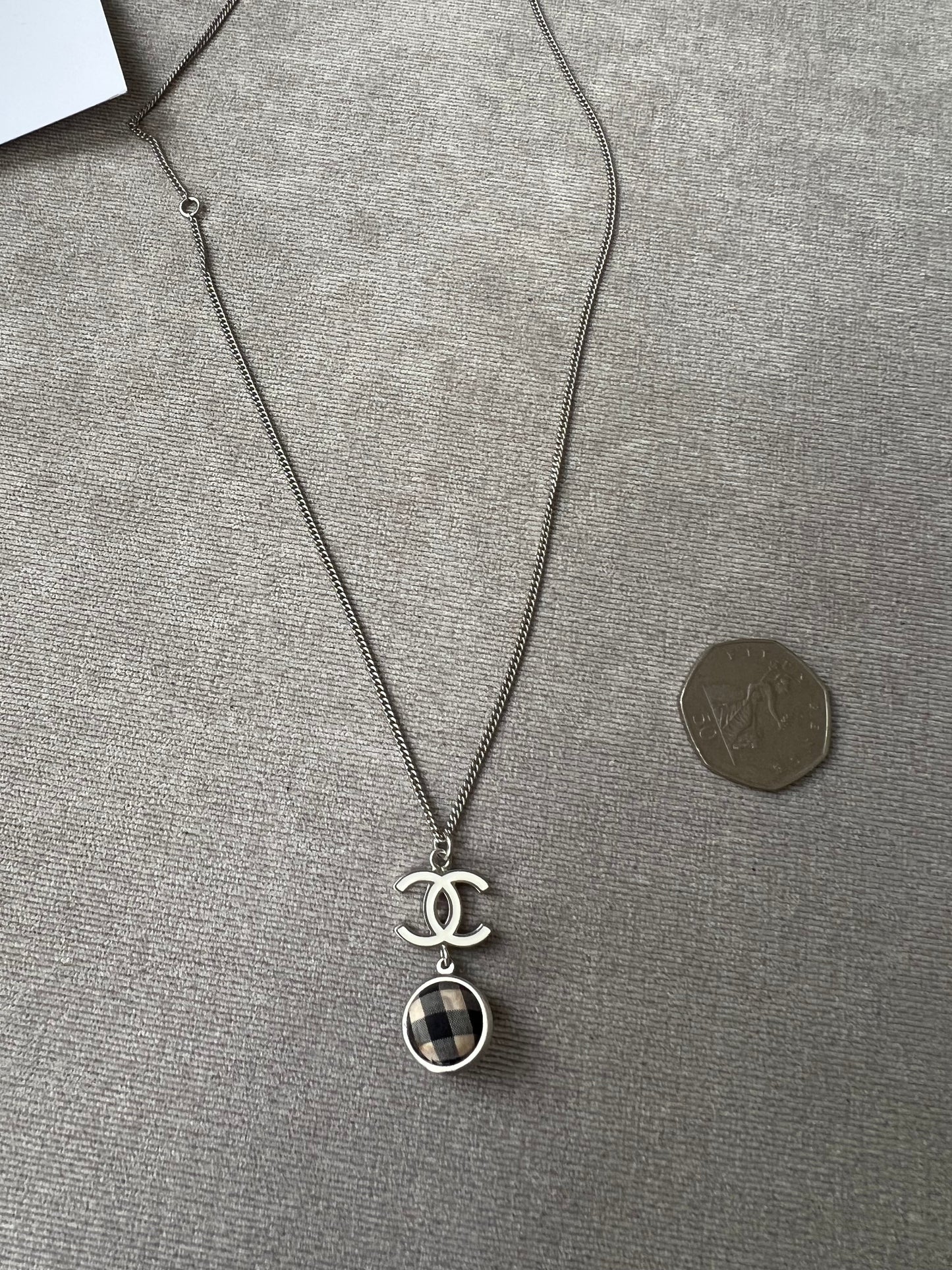 Chanel White Enamel CC Plaid / Check Ball Pendant Necklace