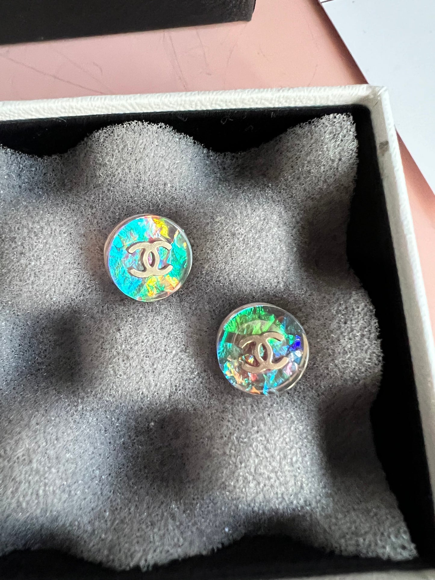 Chanel Pearlescent Resin Stud Earrings with CC Detail