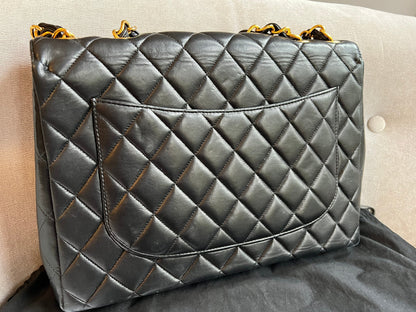 Chanel Vintage Classic Quilted Single Flap Jumbo in Black Lambskin with 24k Gold Hardware