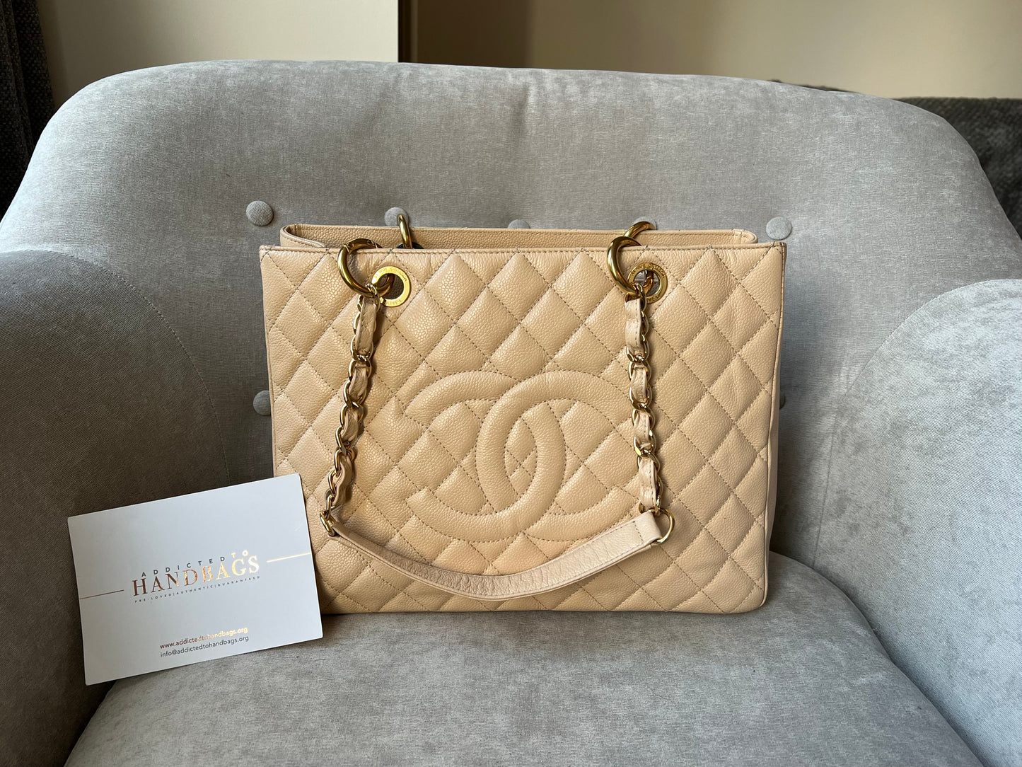 Chanel Beige Caviar Grand Shopper Tote with gold hardware (GST)