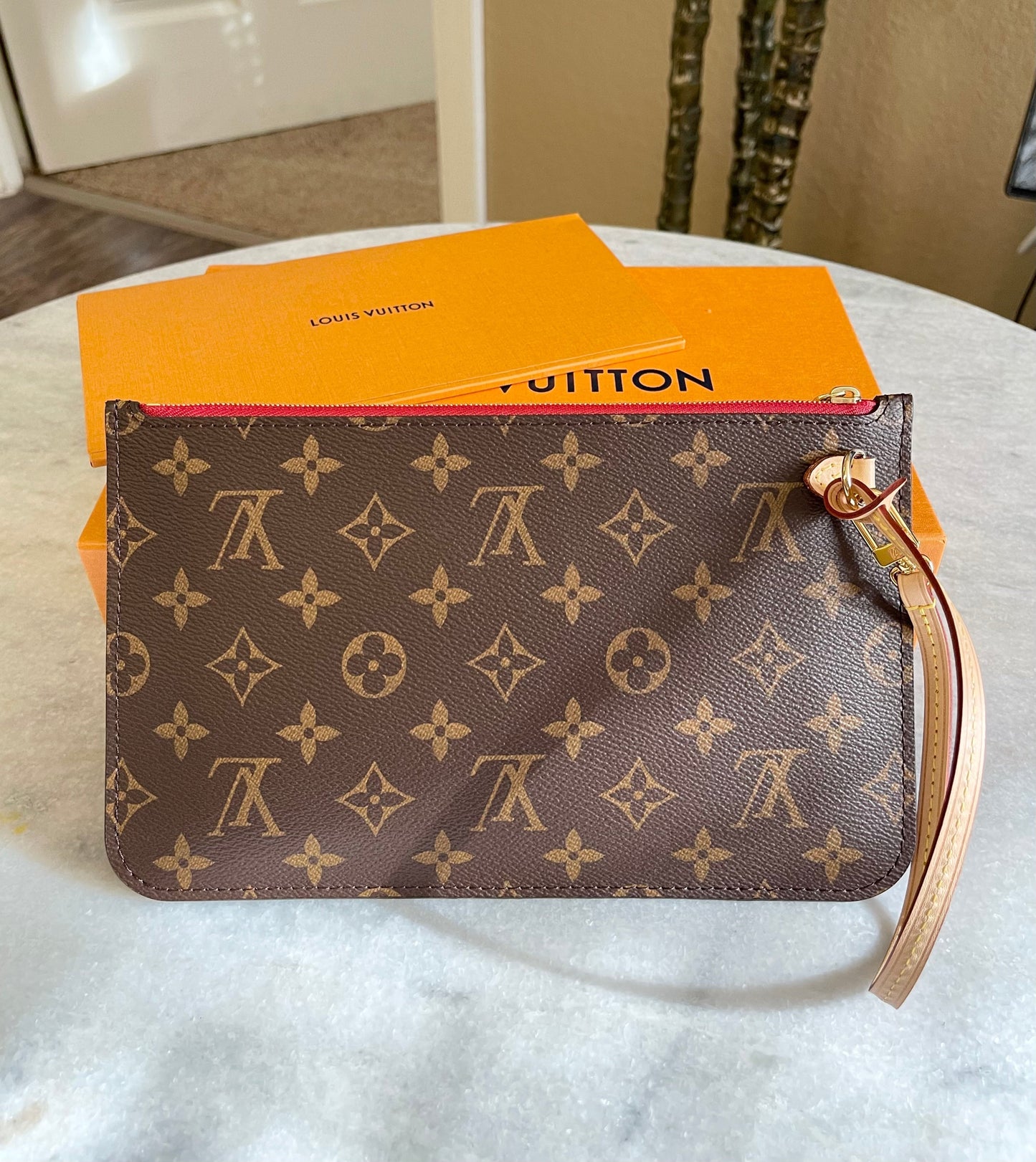 Louis Vuitton 2022 Neverfull MM Monogram Wristlet Pouch in Cherry