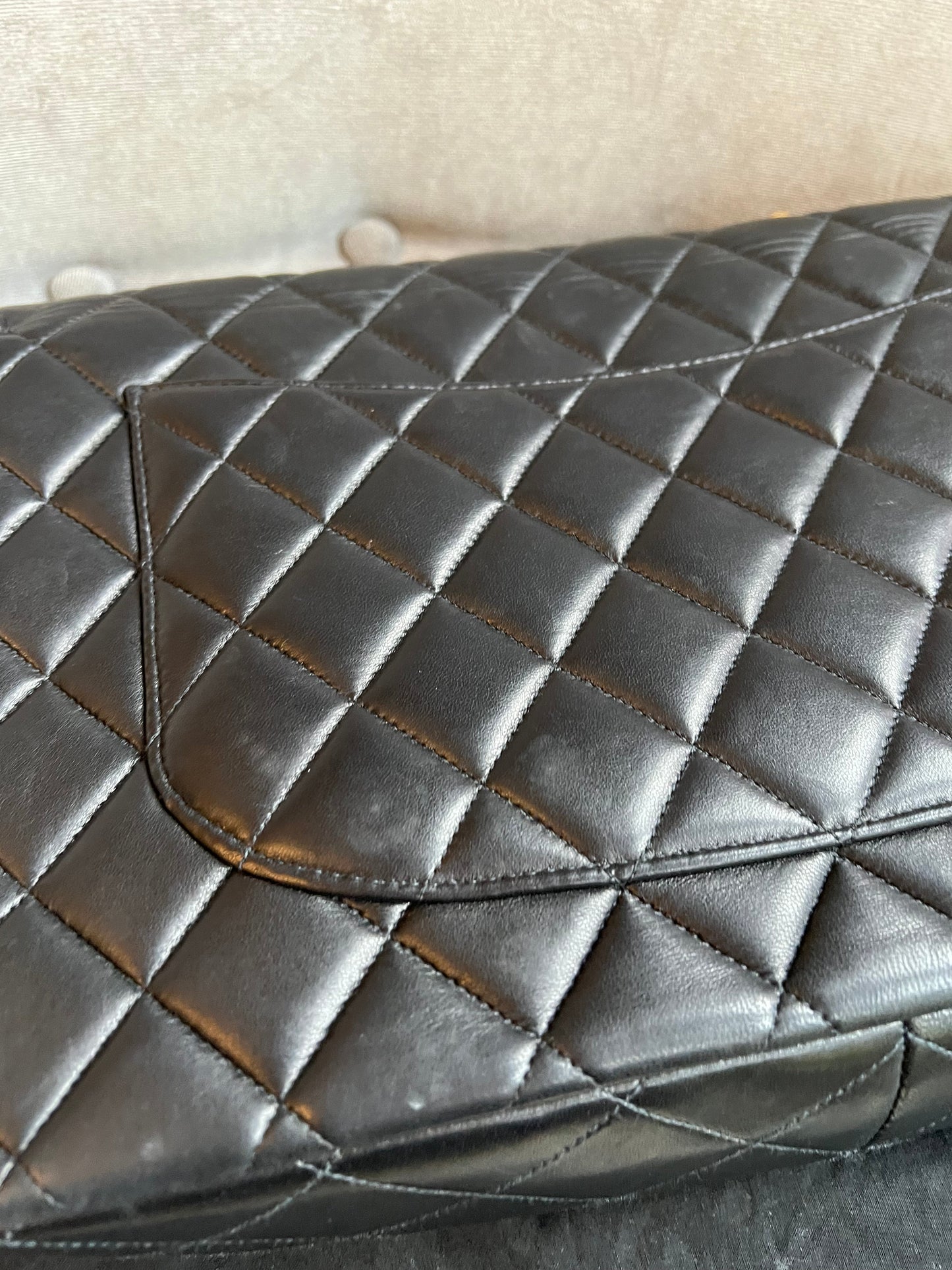 Chanel Vintage Classic Quilted Single Flap Jumbo in Black Lambskin with 24k Gold Hardware