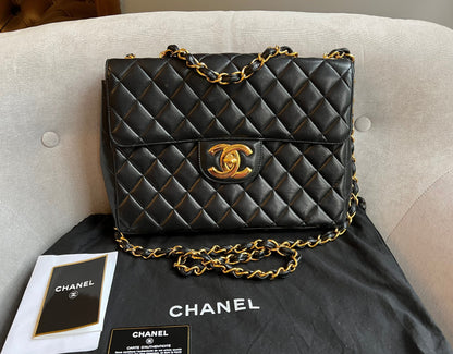 Chanel Vintage Classic Quilted Single Flap Jumbo in Black Lambskin with 24k Gold Hardware