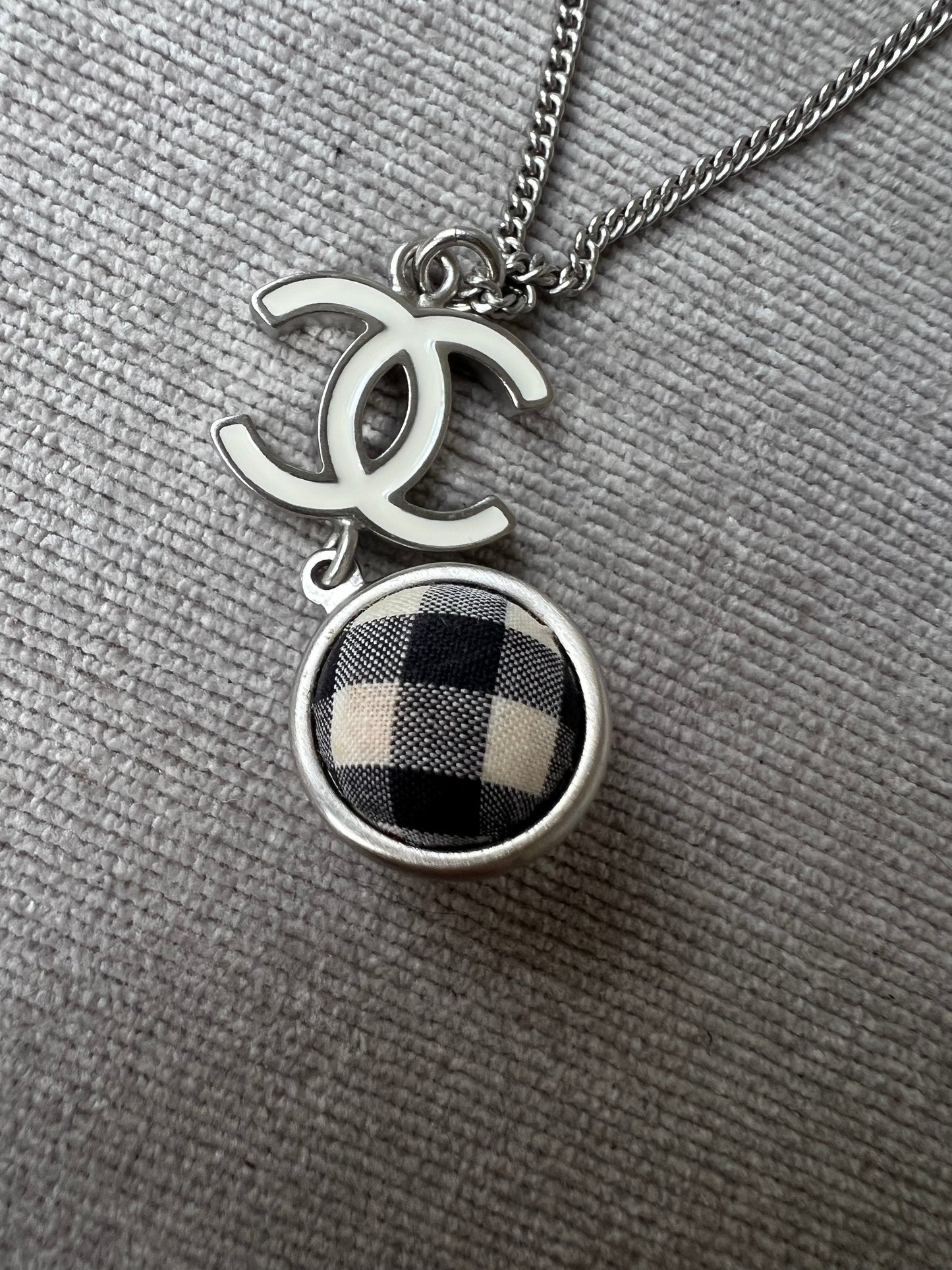 Chanel White Enamel CC Plaid / Check Ball Pendant Necklace