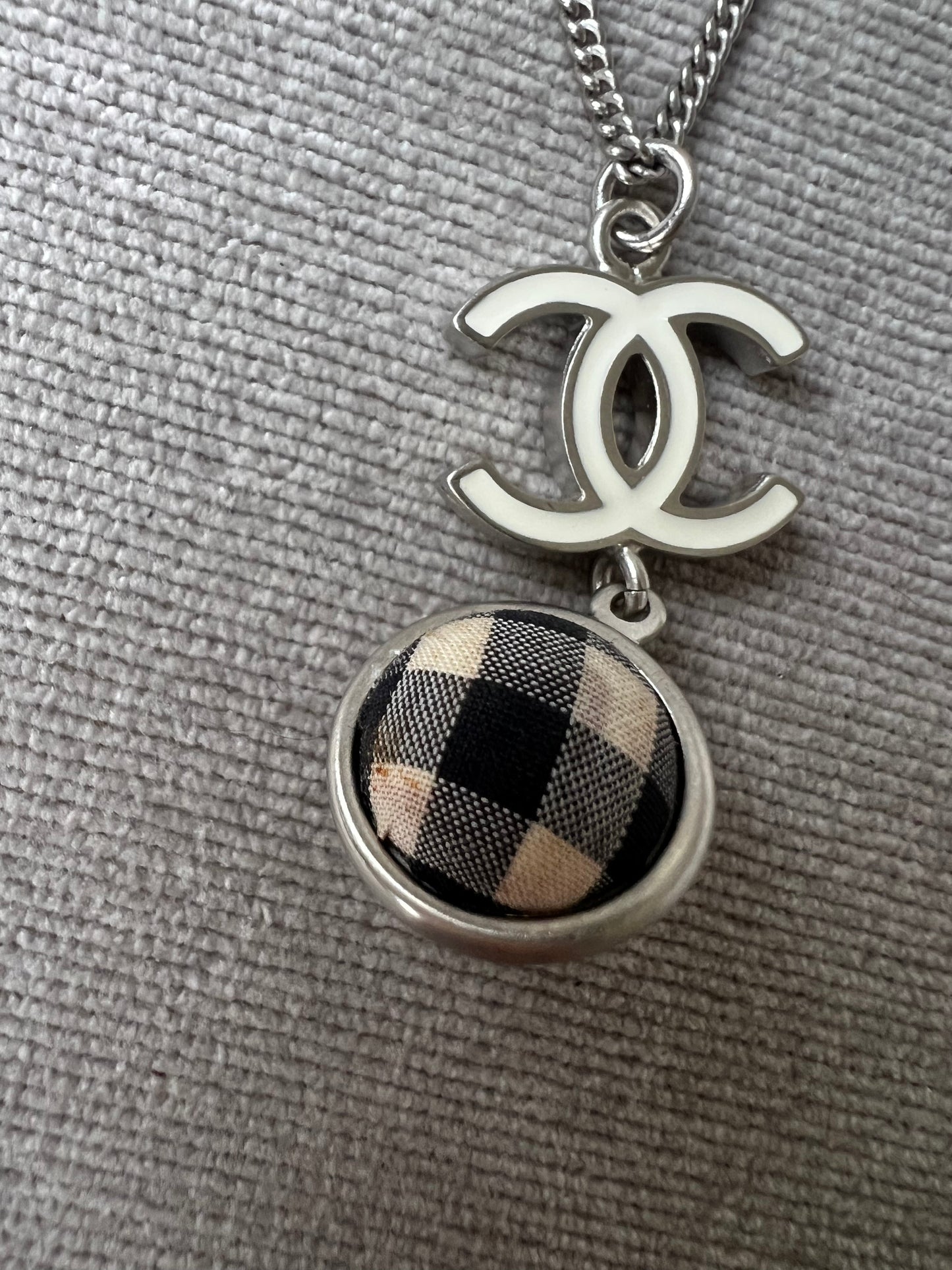 Chanel White Enamel CC Plaid / Check Ball Pendant Necklace