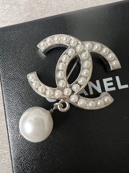 Chanel Pearl Studded CC Brooch with Drop Pearl